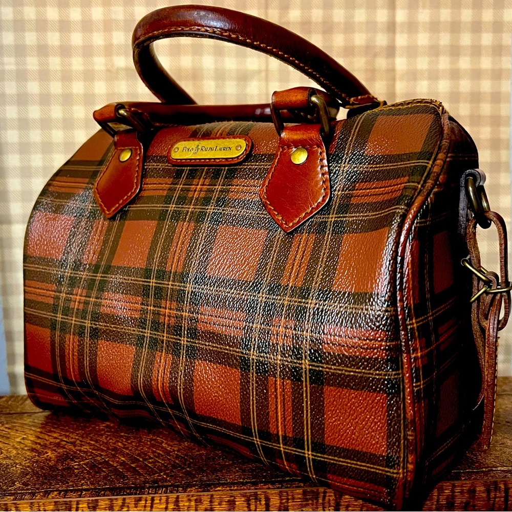 Polo Ralph Lauren Vintage Stewart Tartan Plaid Chestnut Brown Boston Handbag